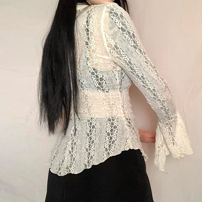 Retro Fairycore Grunge Lace Crop Top Button Up Flare Sleeve Tees Y2k Aesthetic 90s Transparent T-shirt