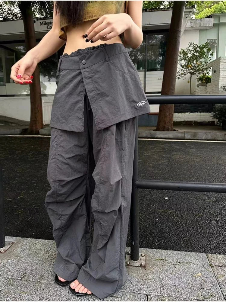 Grey Parachute Pants Woman Baggy Y2k Hip Hop Causal Patchwork Korean Straight Sweatpants Retro Trouser Summer