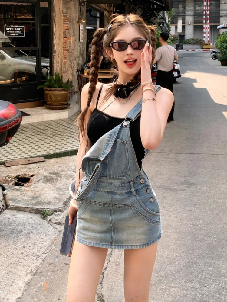 Japanese Kawaii Jean Strap Mini Dress 2000s Y2k Clothing Sleeveless Denim Dress Korean Even Party Outwear