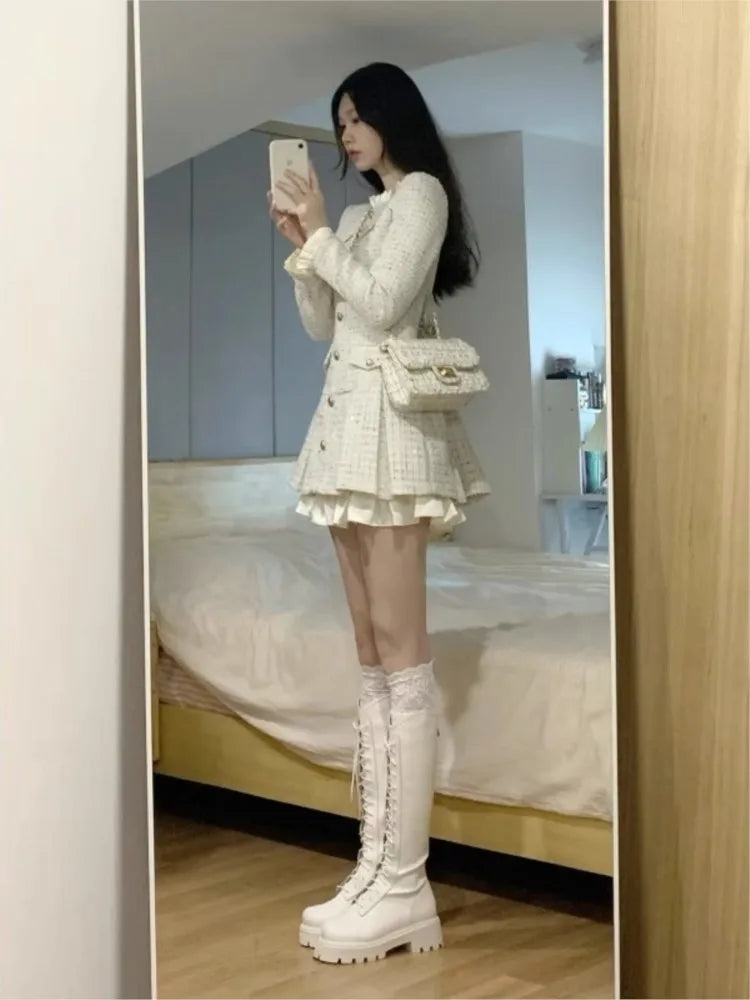 French Coat Dresses for Long Sleeve O-neck Ruffles A-line Short Dress Autumn Spring Korean Vestidos Mujer New