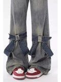 Blue Flared Jeans Kawaii Wide Leg Pants With Bow Korean Style Spring Cutecore High Wasit Denim Trousers