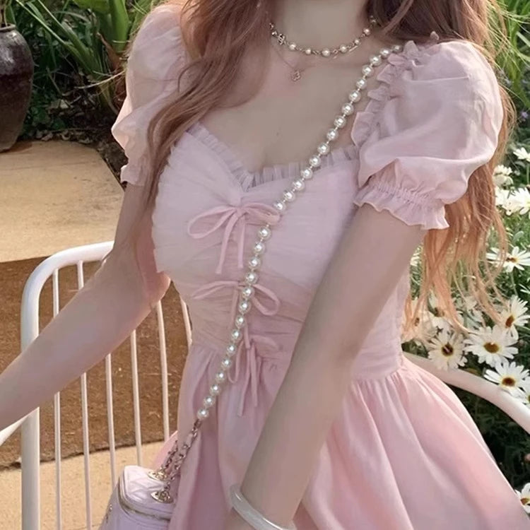 French First Love Pink Heart Neck Bubble Sleeve Dress for Summer New Princess Beach Resort Beach Skirt