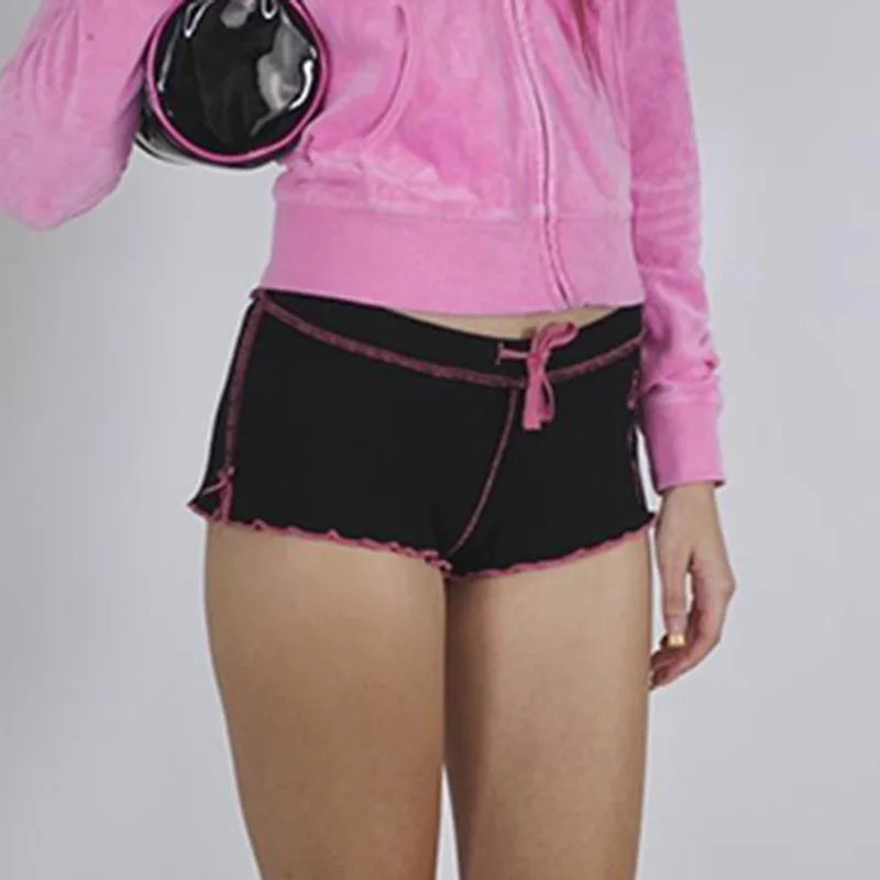 Sweet Korean Stitched Low Waisted Summer Shorts for Coquett Clothes Bow Ruched Skinny Hotpants Kawaii Homewear