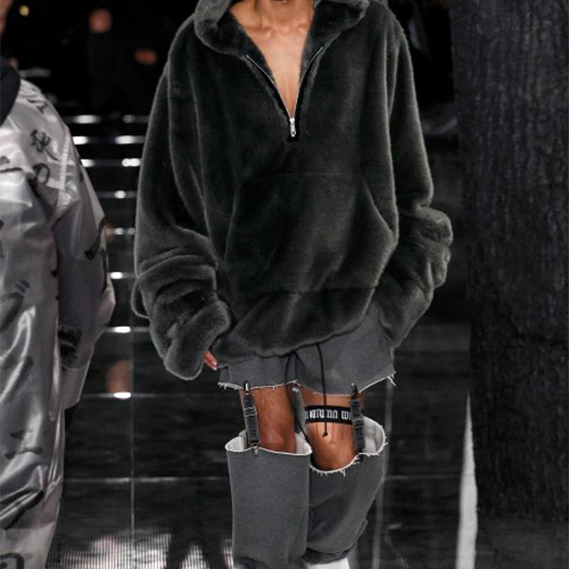 Runaway Brand Faux Fur Long Coat Big Pocket Warm Jacket Zip Hooded Fake Rabbit Fur Plush Overcoats