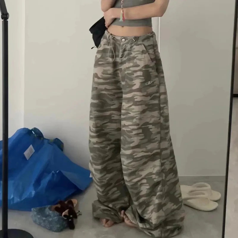 Y2k Camouflage Pants Hip Hop Baggy Pants Korean Drawstring Oversize Low Waist Summer Trousers