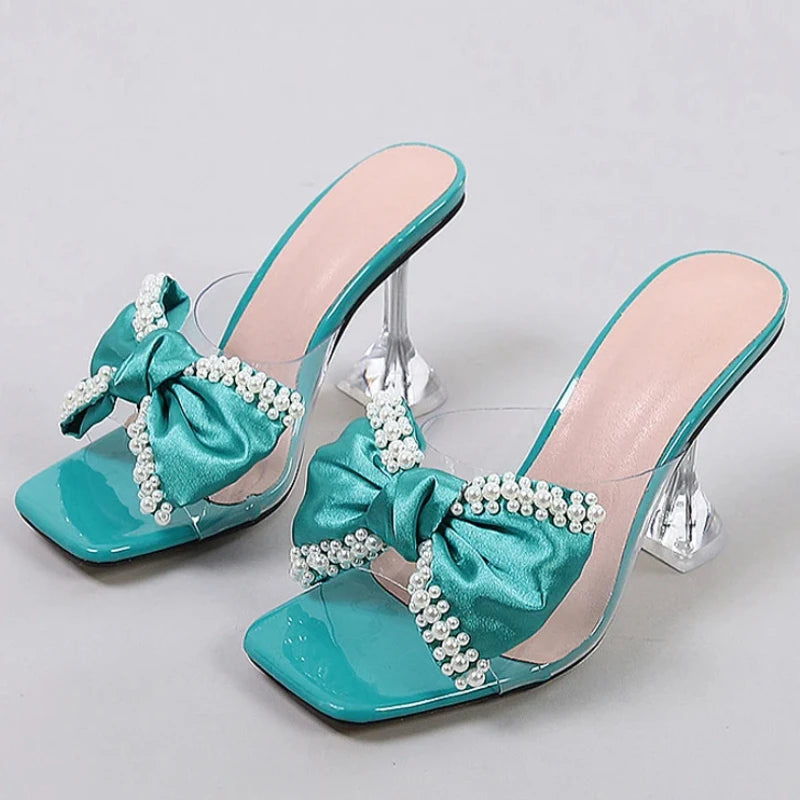 Pearl Bow Designer Slipper New Transparent Pvc High Heeled Sandals Non Slip Mule Shoes Pumps