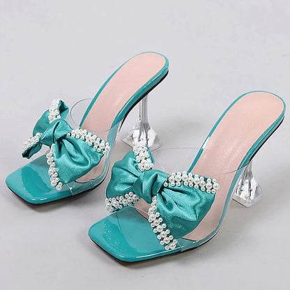 Pearl Bow Designer Slipper New Transparent Pvc High Heeled Sandals Non Slip Mule Shoes Pumps