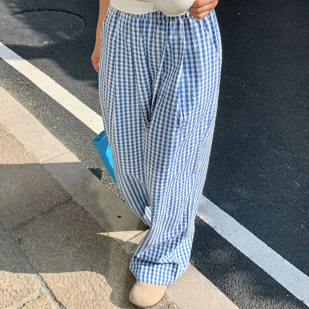 Plaid Wide Leg Pants Pockets Sping Summer High Waist Straight Loose Trousers Female