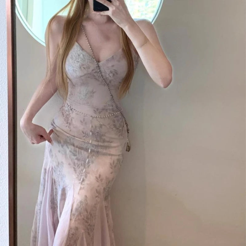 French Y2k Midi Dress Female Slim Lace Print Camisole Long Dress Sequin High Waist Dresses Even Party