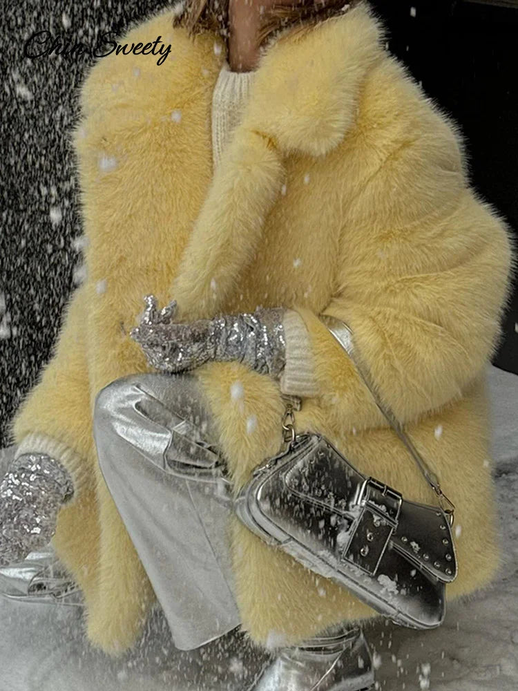 Faux Fur Jacket Coat Warm Fluffy Loose Long Sleeve Lapel Female Overcoat Winter Yellow Lady Street Outwear