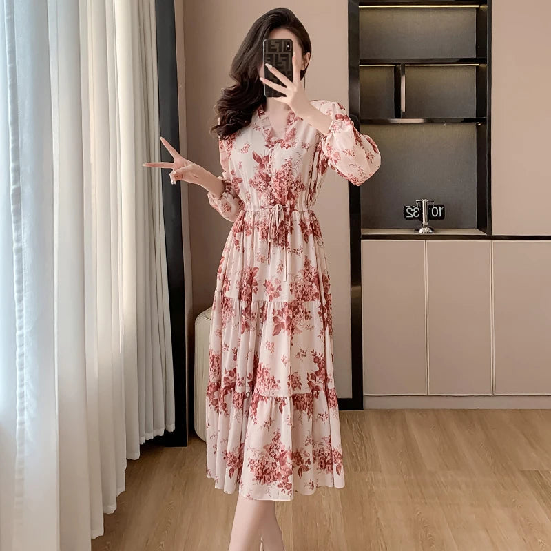 French V Neck Flower Print Chiffon Midi Dress New Spring Long Sleeve Drawstring Waist Holiday Sweet Dress