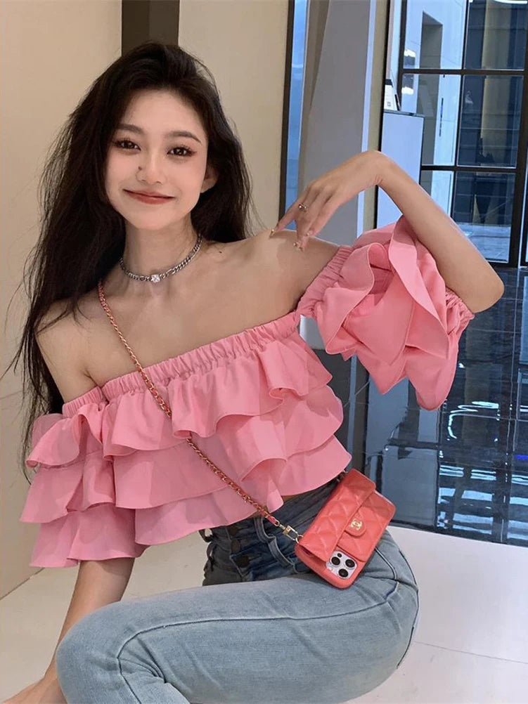 Korean Off Shoulder Woman Blouse Stacked Ruffles Crop Top Shirt Summer Designer Short Sleeve Chiffon New