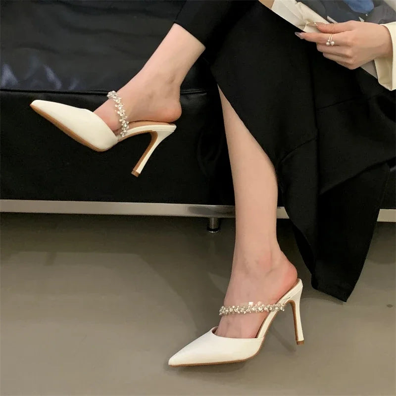 New Crystal Diamond Slipper Pointed Toe Thin Heels Dress Mules Shoes