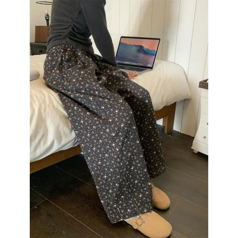 Sweatpants Woman Korean Baggy Thick Flower Print Wide Leg Pants Harajuku High Waist Autumn Warm Trousers