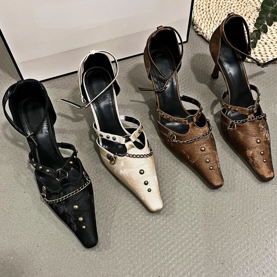 Retro Rivets Metal Chain High Heels Thin Heel Party Dress Shoes Office Shoes Pointed Toe Pump Sandals