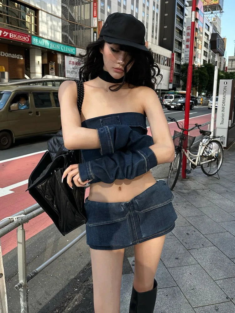 American Retro Denim Strapless Backless Y2k Crop Top Lowwaisted Cargo Shorts 3 Piece Sets Outifits