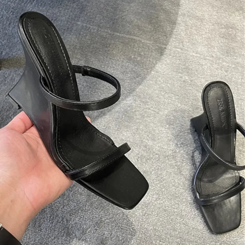 Wedge Heeled Sandals Slingback Slide Slippers Summer Square Toe High Heels Party Dress Shoes Sandalias