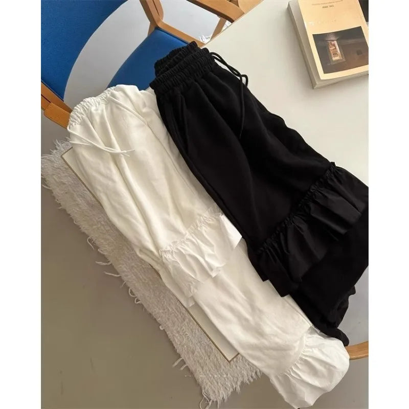 Korean Retro Ruffled Stitching Drawstring Pants Spring and Summer White Flare Pants