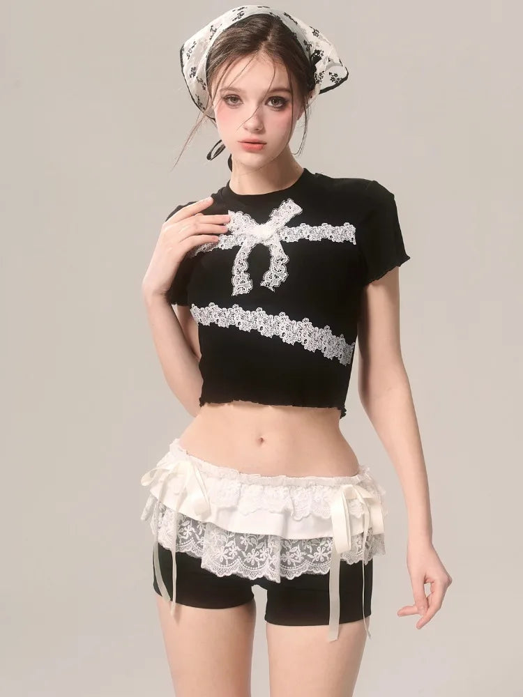 Lace Patchwork Black Shorts Bow Elastic Waist Girl Tight Short Pants Summer Ballet Style Kawaii Clothes