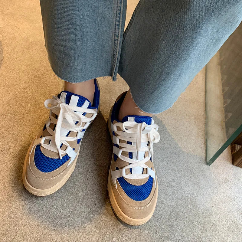 Sneakers Spring Summer Outdoor Mixed Colors Genuine Leather Crosstied Shoes Woman Flats Platforms