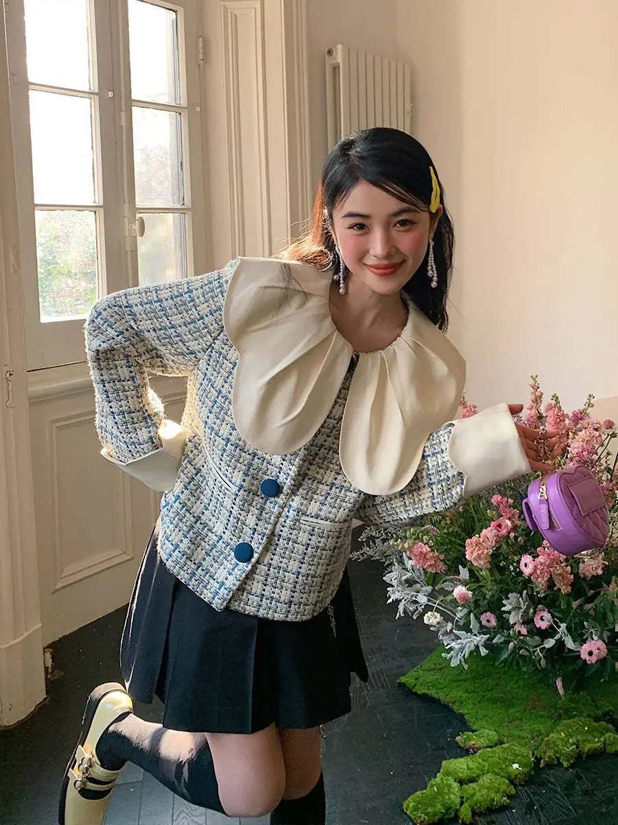 Spring New Petal Ruffled Collar Spliced Loose Tweed Coat Clothing Winter Coat High End Sweet Short Jackets Tops