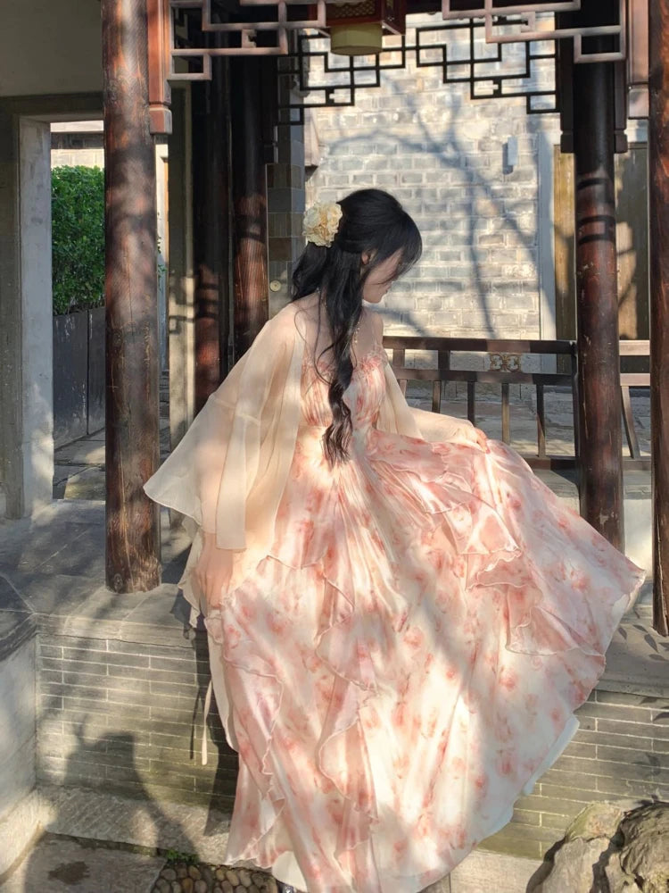 2 Piece Dress Sets Chiffon Summer Slim Strap Dress + Fairy Cardigan Suit Even Party