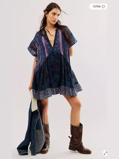 Color Print Mini Dresses Spring Summer New V-neck Short Sleeves Folds Loose Irregular Short Dress Vestidos