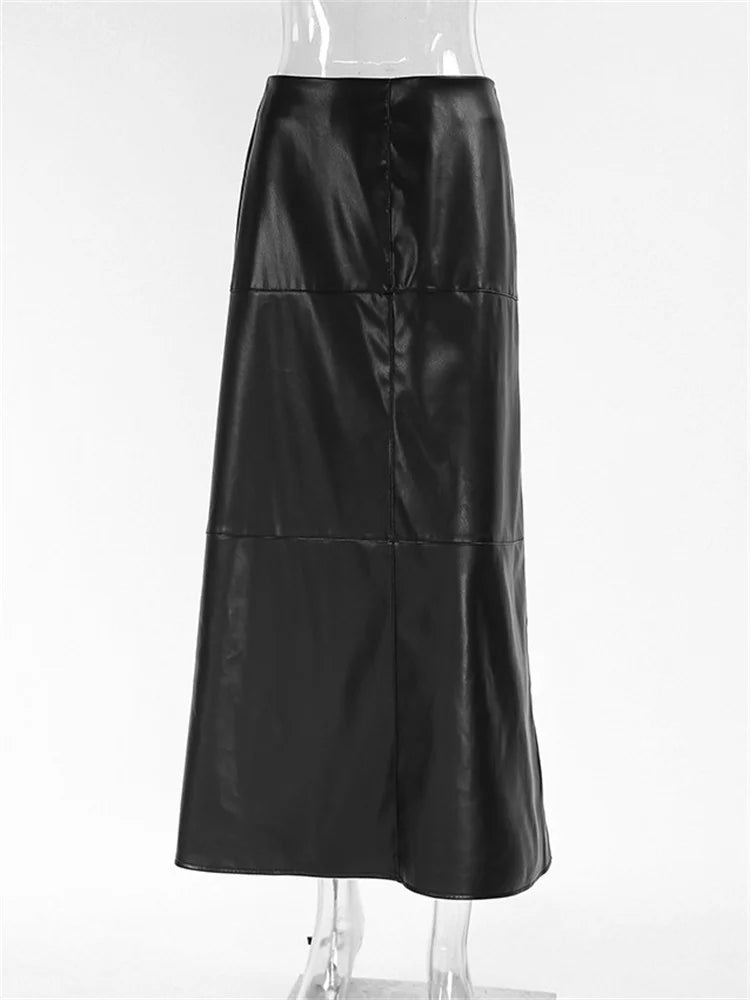 Black Pu High Waist Long Skirt for Patchwork Commute Slim Autumn Plaid Skirt Female Maxi Skirt