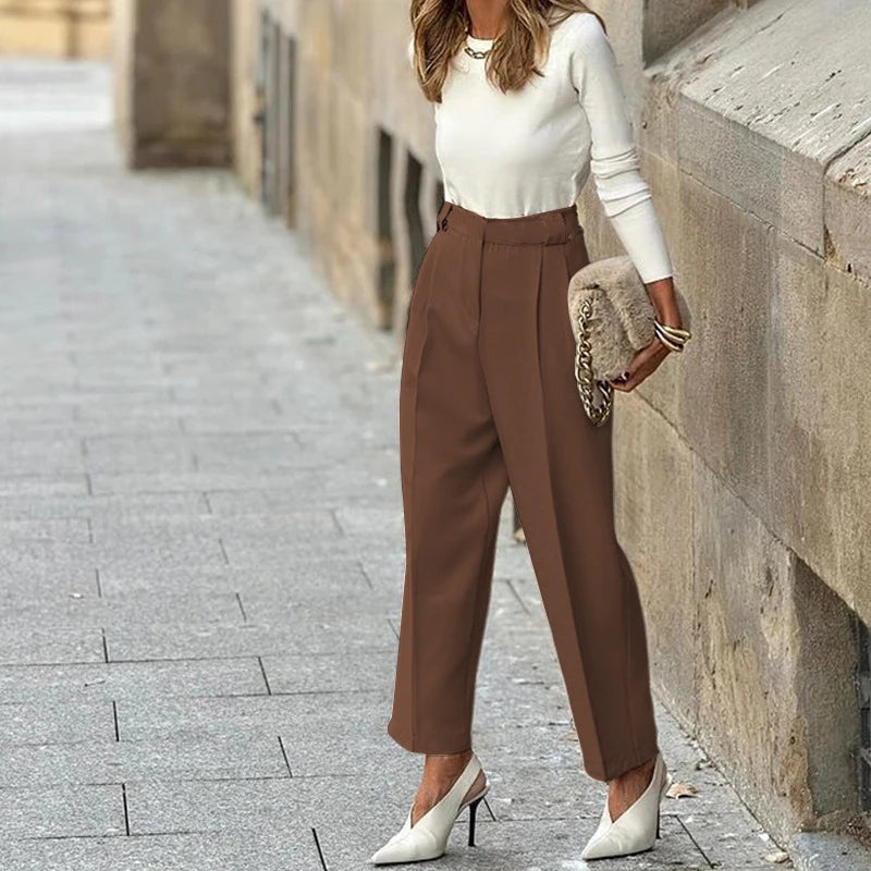 Color Temperament Nine Point Pants High Waist Straight Pants Female Pockets Commute Blazer Trousers