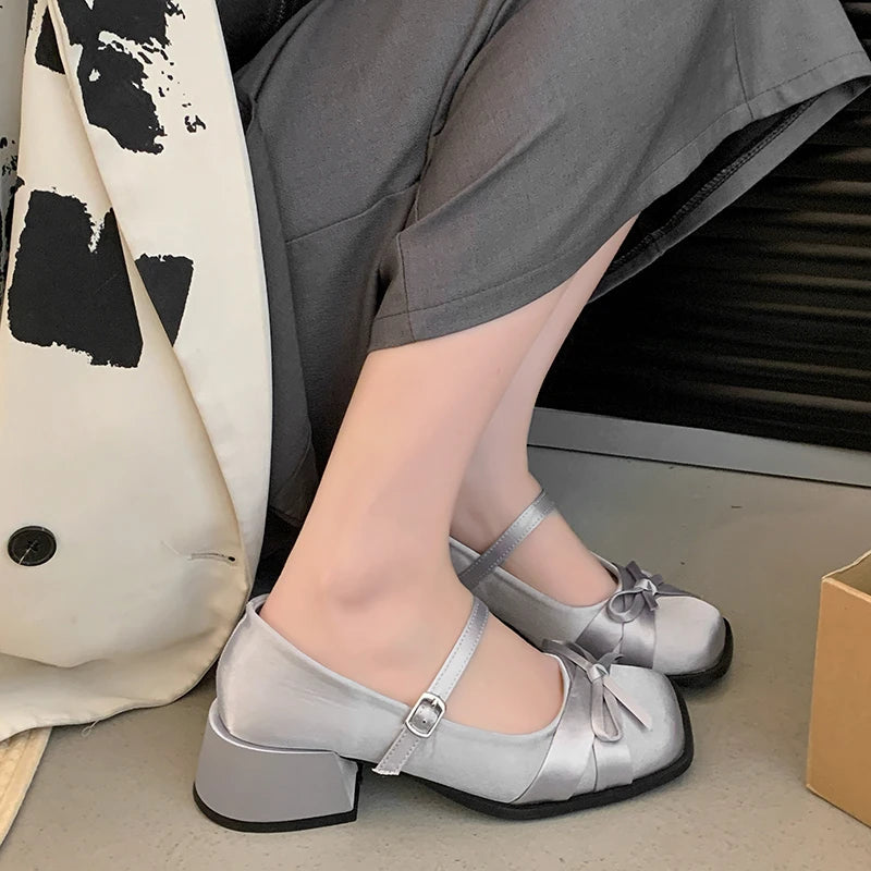 Pink Bow High Heels Spring and Summer New Squareheaded Silk Ribbon Buckle Single Shoes Shallow Thickheeled Shoes