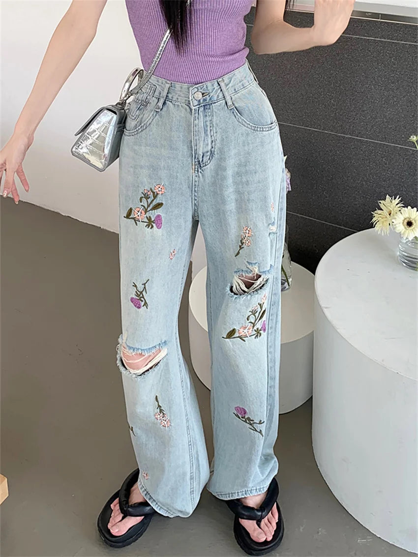 Embroidery Flowers Jeans Autumn Ol Hole Loose Slim New Straight Denim Pants