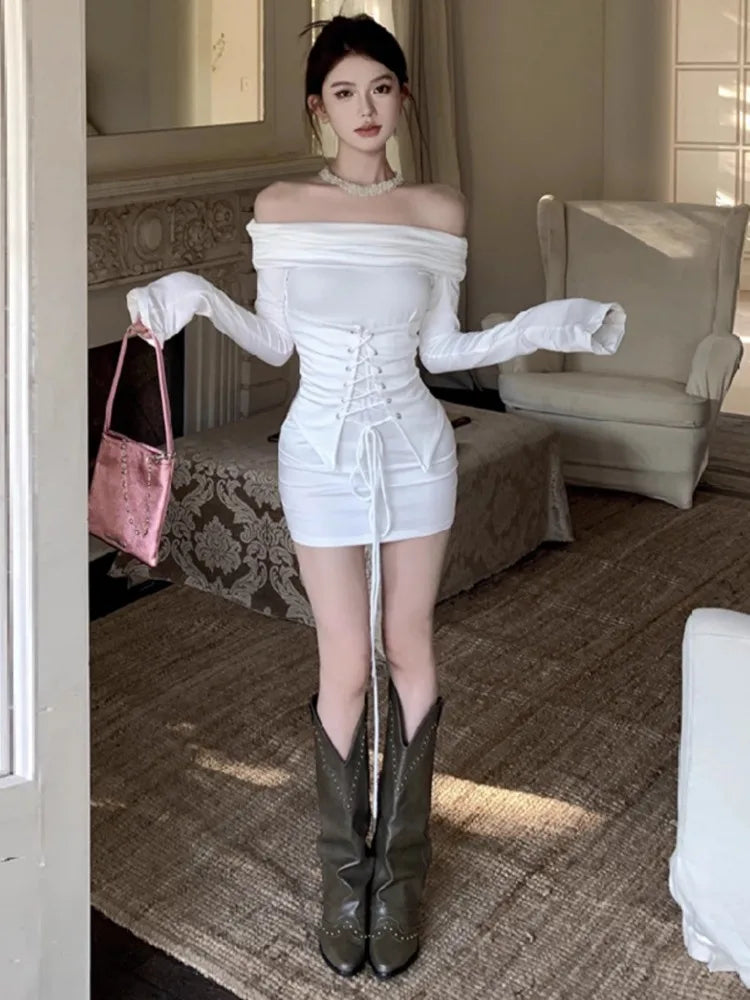 Mini Dresses Bandage Slash Neck Off Shoulder Long Sleeve Backless Slim Party Dress Clubwear