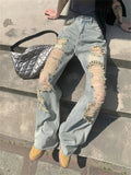 Autumn Hole Jeans High Waist Straight Loose Wide Leg Slim Office Wear Daily Pants