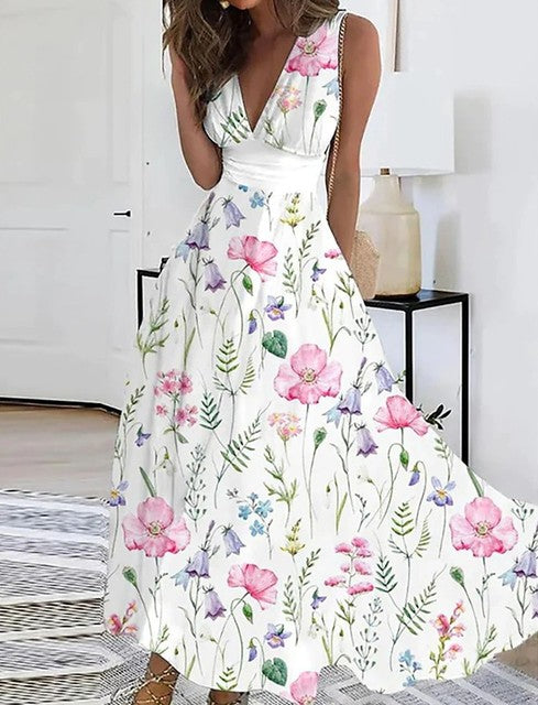 Summer Flower Printed Sleeveless Long Dresses V-neck Lady Party A-line Dress Maxi Evening Vestidos New