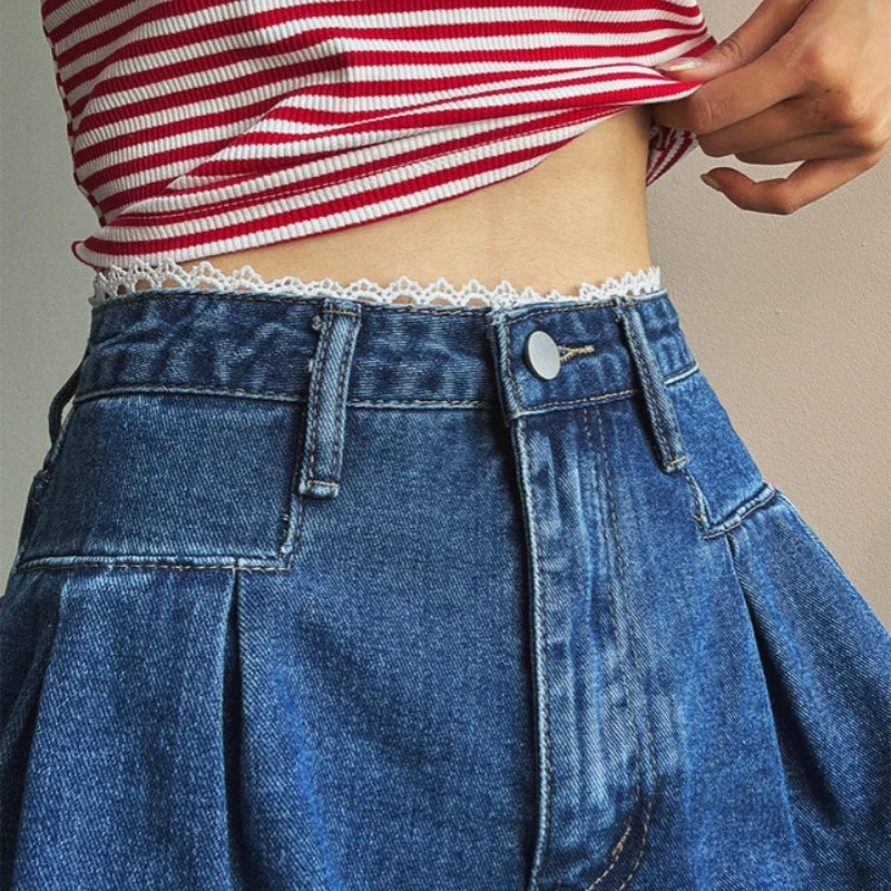 Spring Summer Lace Patchwork Denim Short Pants High Waist Loose Jeans Wide Leg Shorts for