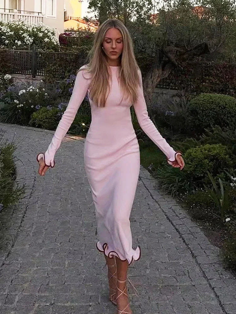 Backless Ruffled Knitted Long Dress for Contrast Color Flare Sleeve Autumn Bodycon Evening Party Sweater Dress