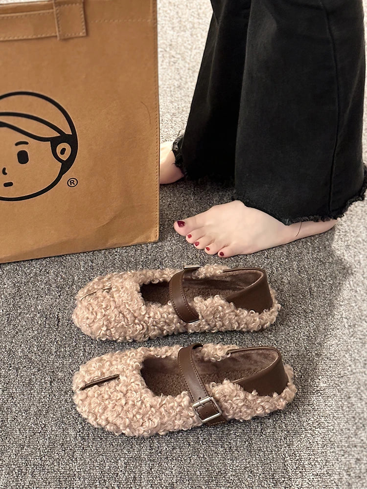 Shoes Woman Flats Loafers Fur Round Toe Autumn Female Sneakers Dress Moccasin Fall Winter Leisure Buckle Strap Flock Rubb