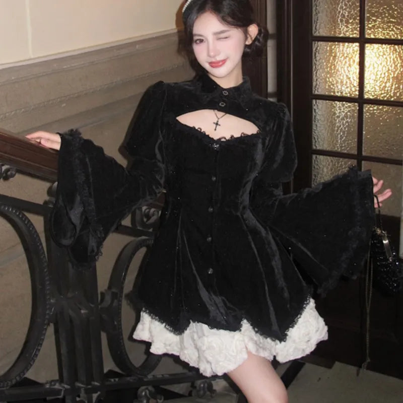 Y2k Gothic Black Mini Dresses Flare Sleeve O-neck Hollow Out Ruffles Patchwork A-line Korean Party Dress Autumn New