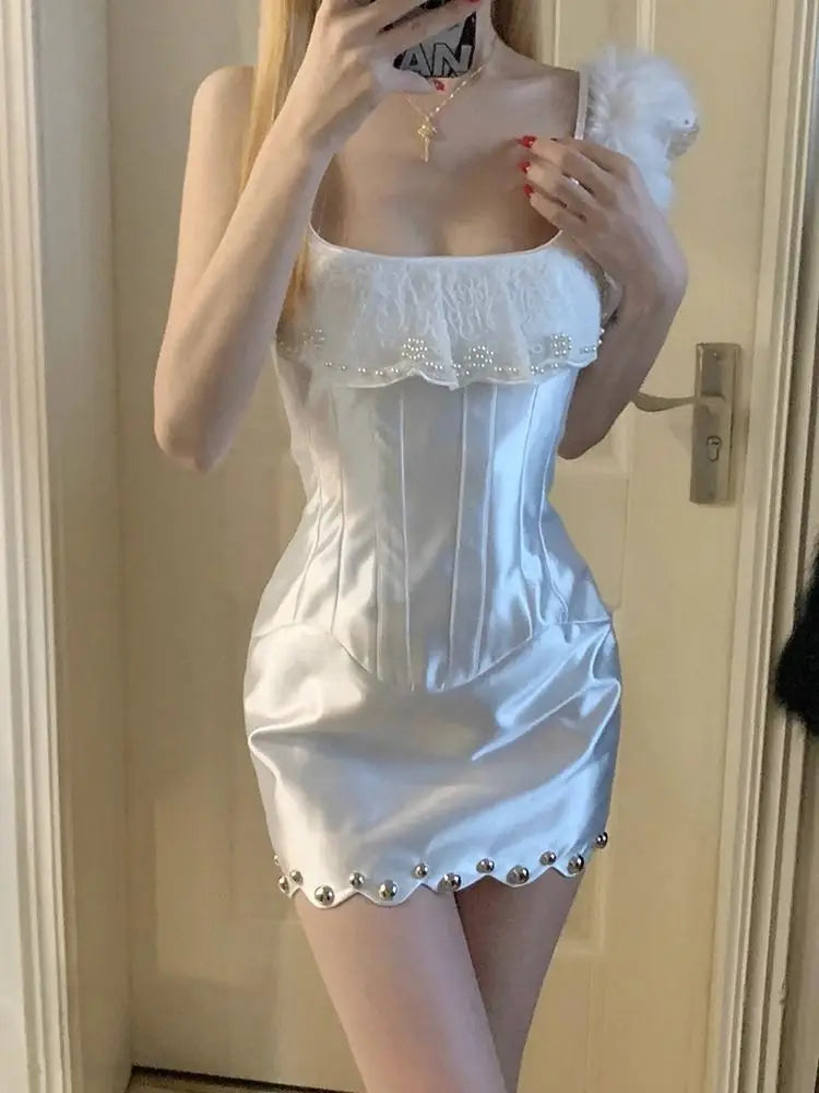 White Lace Satin Strap Heavy Industry Camisole Dress for Summer New Spicy Girl Slimming Wrap Hip Mini Dress