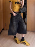 Black Calflength Shorts Jeans Oversize Wide Leg Denim Pants Y2k Causal Do Old Summer Bottoms
