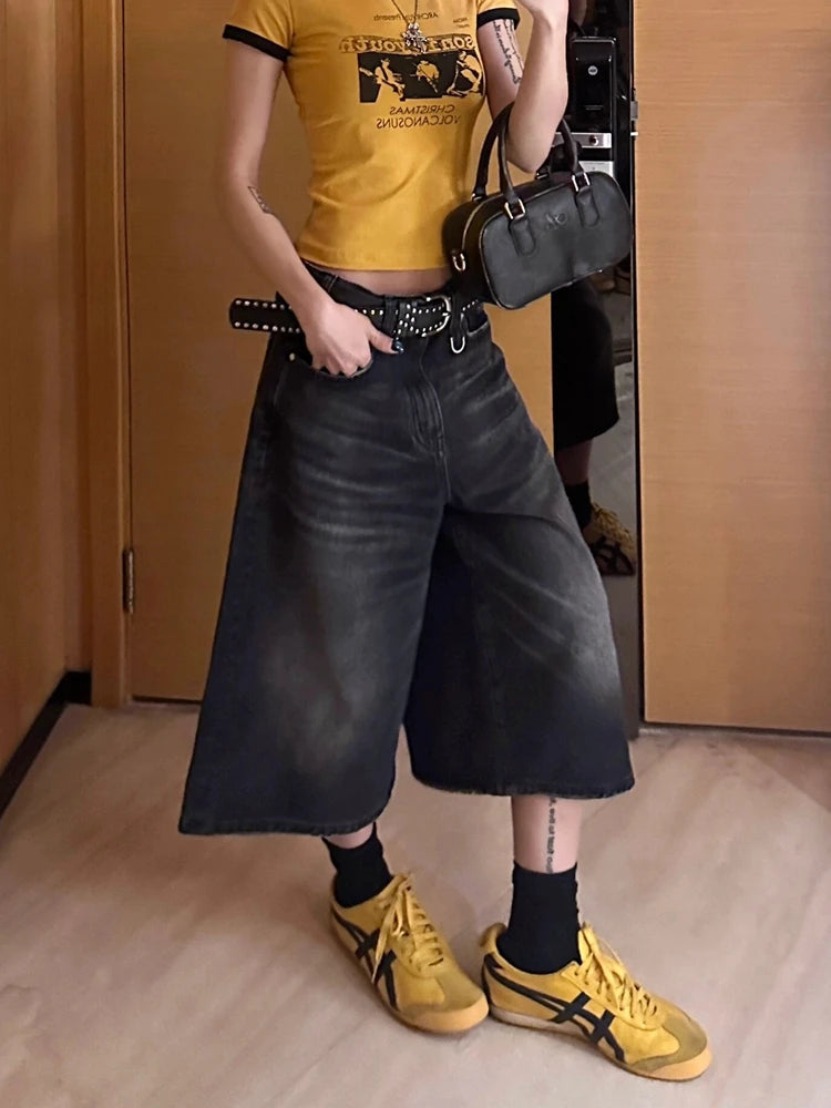 Black Calflength Shorts Jeans Oversize Wide Leg Denim Pants Y2k Causal Do Old Summer Bottoms