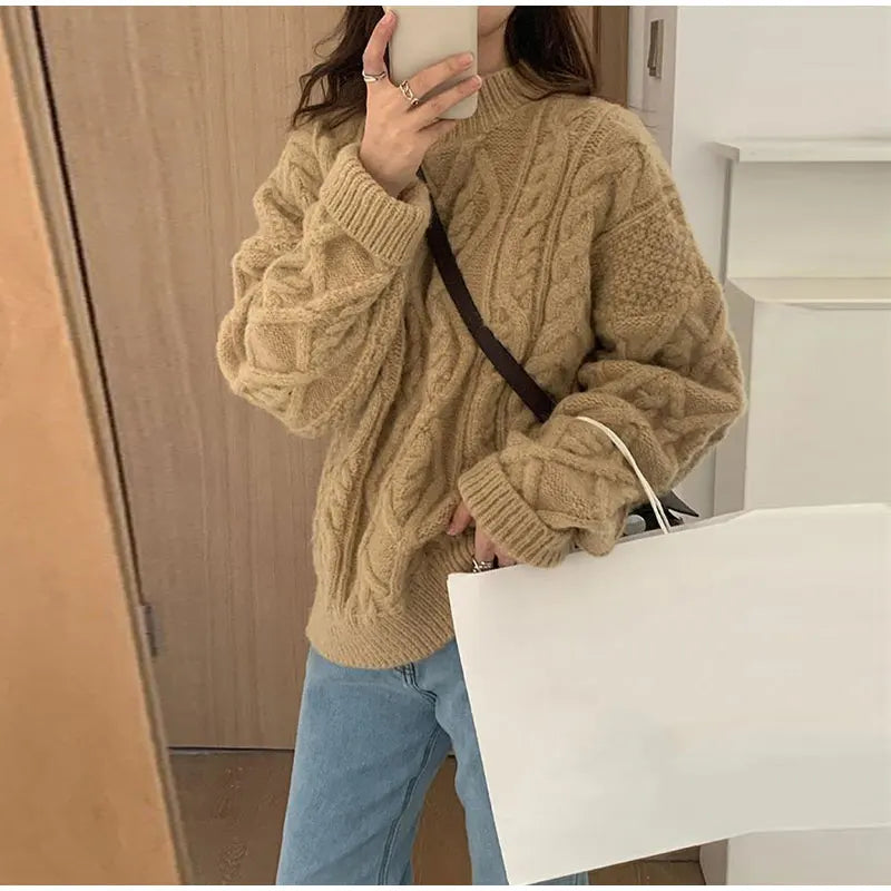 Thick Twisted Sweater Autumn Long Sleeve O-neck Female Knitted Pullover Loose Lady Kintwear Tops