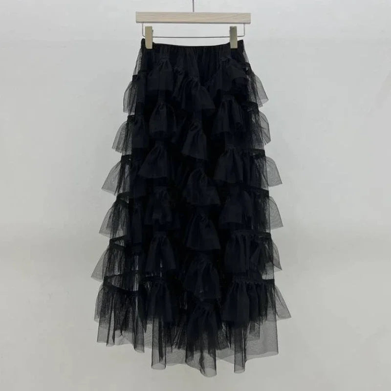 High Street Pleated Loose Midlength Skirt Summer New Korean Color All Match Mesh Aline Skirt