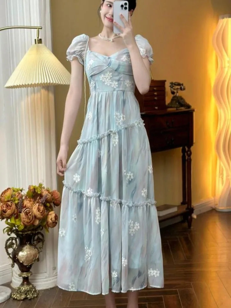 French Ruffles Midi Dresses for Lace Square Collar Puff Sleeve Princess Birthday Party Dress New