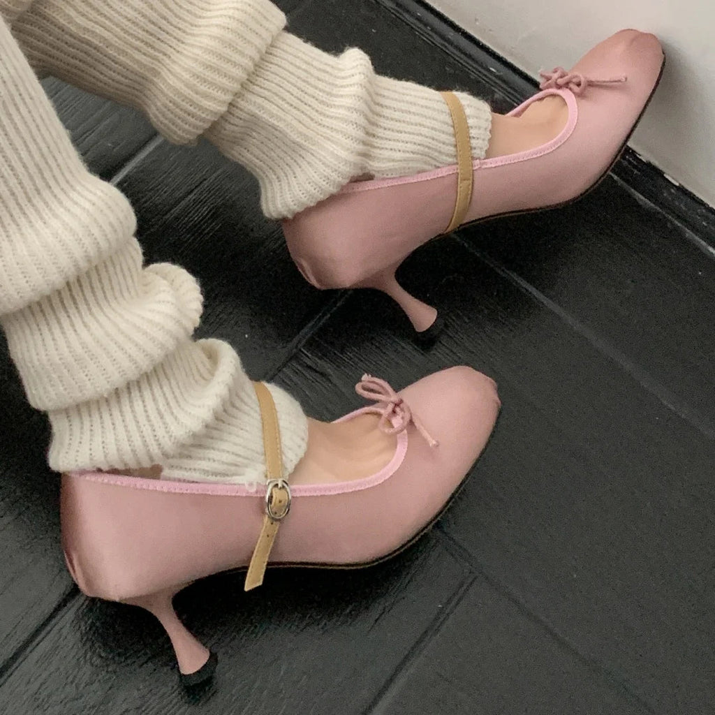 Satin Fabric Sweet Bow Tie Slipon Mary Jane Pumps Pink Daily Dress Heeled Shoes for Woman Spring