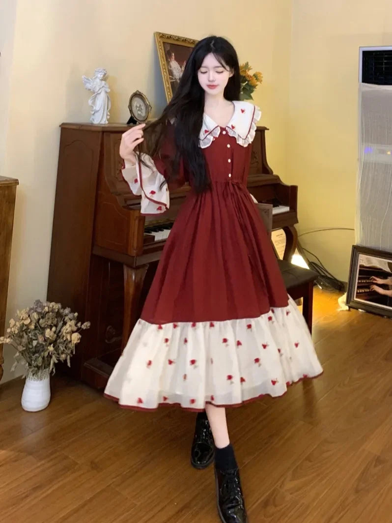 Heavy Industry Embroidery Splicing Contrasting Color Princess Dress Female Doll Collar College Style Sweet Long Dress for