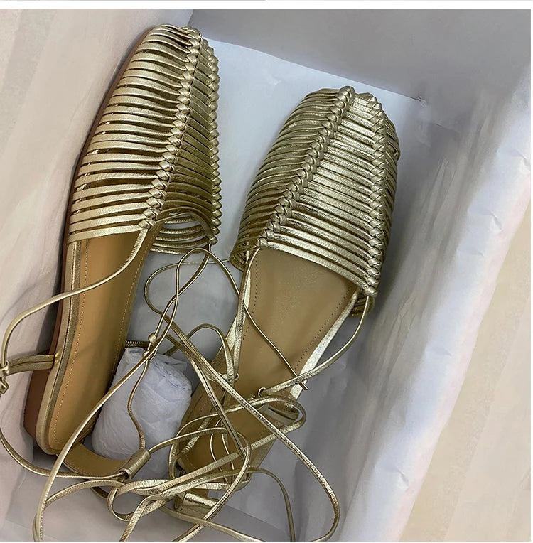 Woven Hollow Strap Sandals Roman Sandals Summer Flat Toe Comfortable Woven Sandals Holiday Party Shoes
