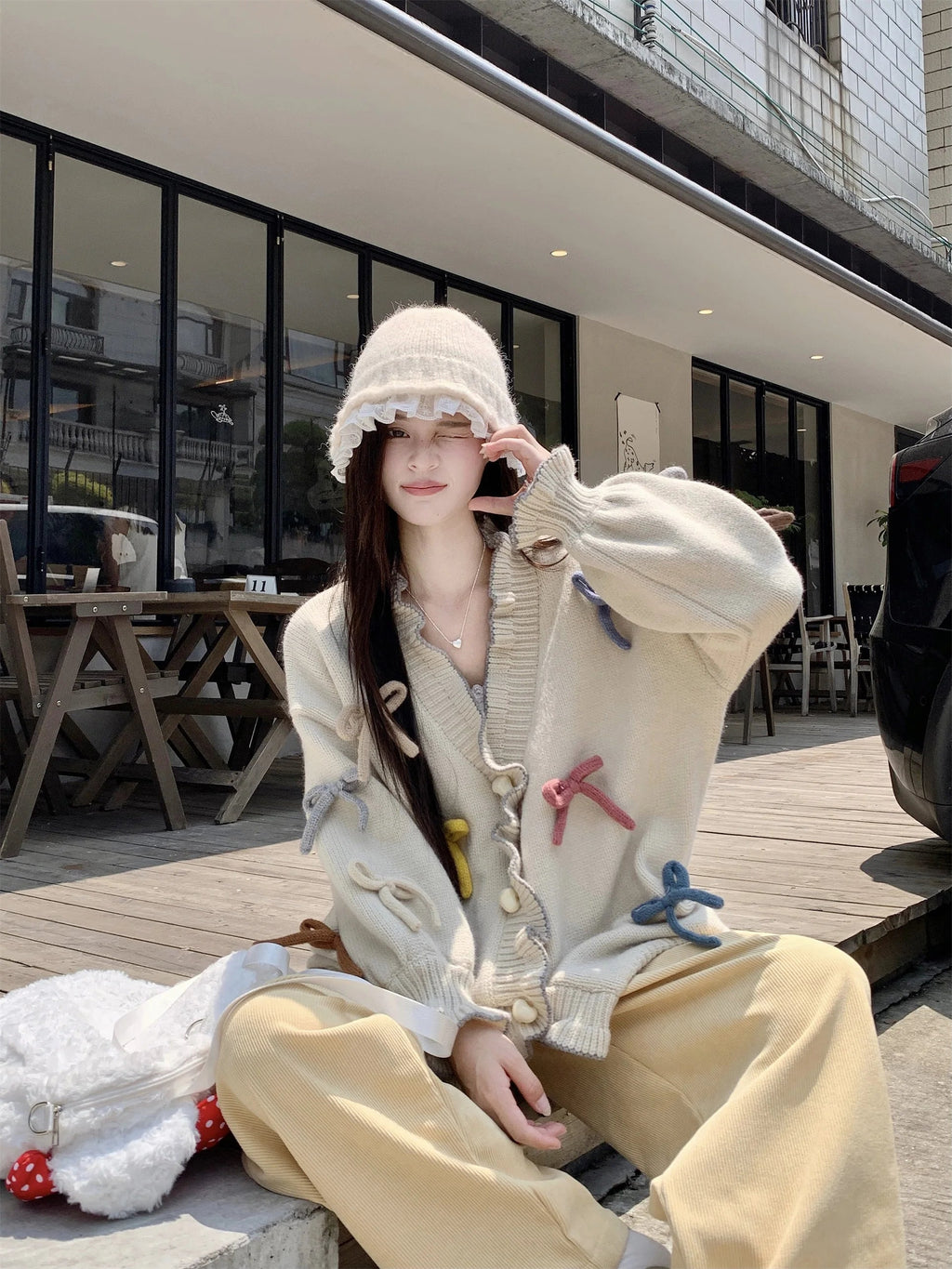 Korean Gentle and Sweet 3d Bow Love Buckle Thick Sweater Clothing Autumn Loose Knitted Cardigan Tops