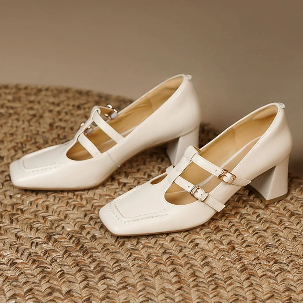 Genuine Leather Double Metal Buckle Tstrap Slipon Pumps 7cm Thick Med Heel Ol Style Daily Heeled Shoes
