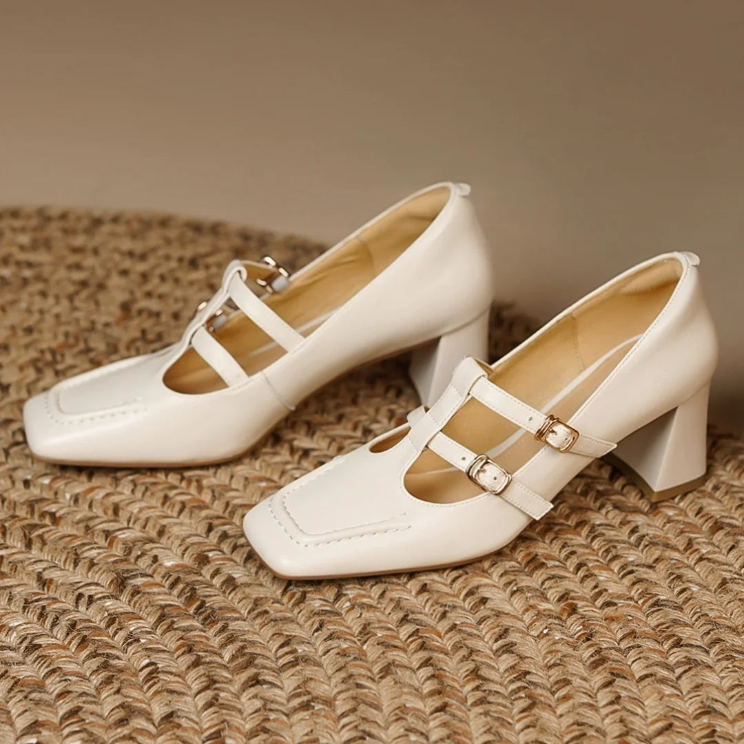 Genuine Leather Double Metal Buckle Tstrap Slipon Pumps 7cm Thick Med Heel Ol Style Daily Heeled Shoes